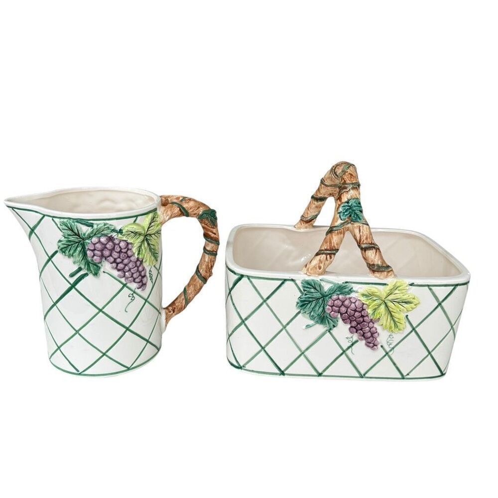 The Haldon group Japan VTG set of pitcher and basket raised Grapes Ceramic 1984
